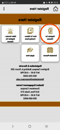 Screenshot of a mobile phone screen showing the "Register Here" screen in myMCC with a circle around the "Registration for Classes" tile.